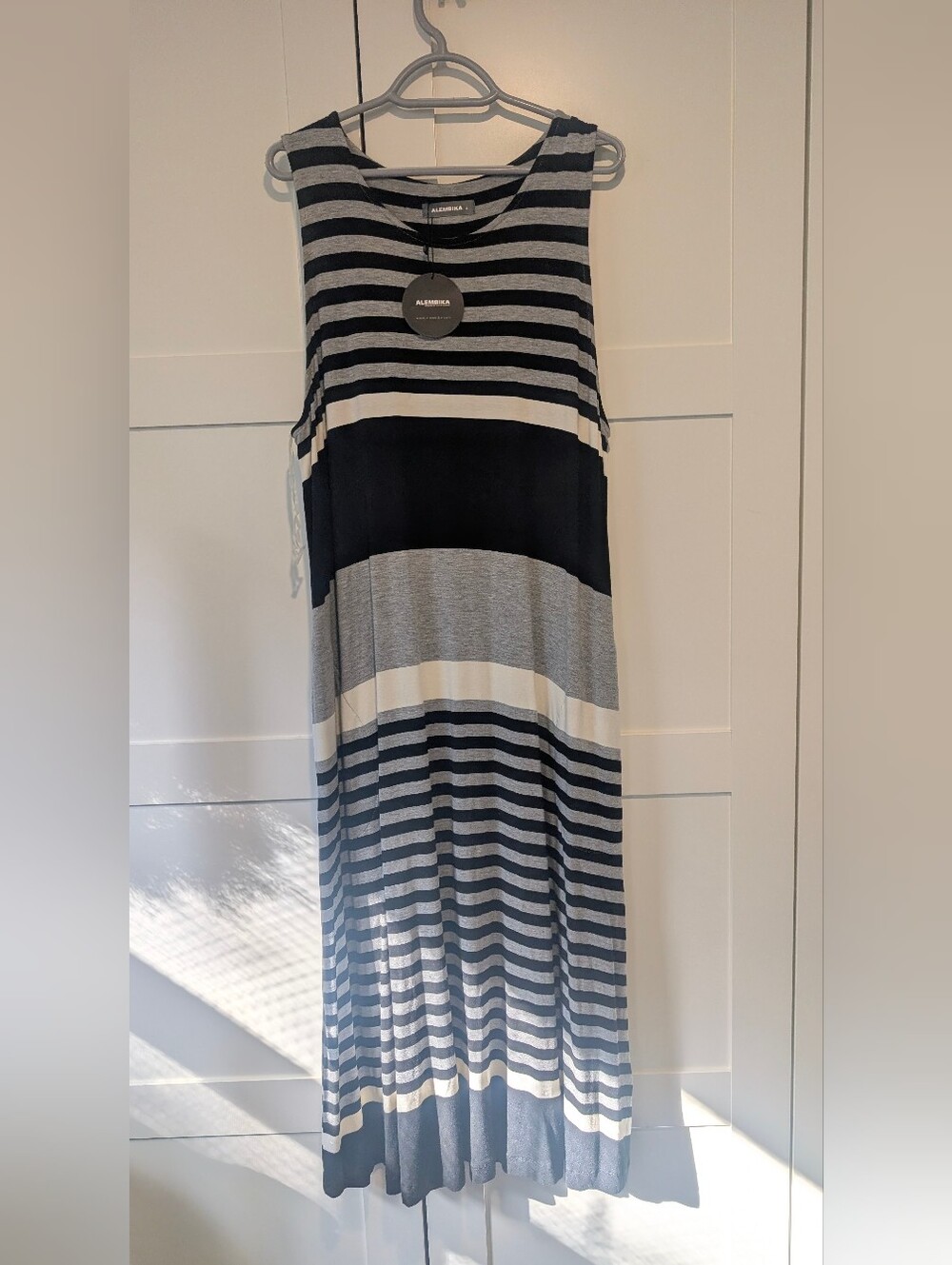 Alembika Greyscale Striped Tank Maxi Dress Super Stretchy Pockets NWT -1XL/16-18